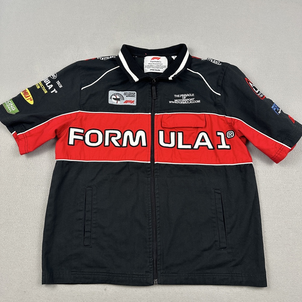 PacSun Shirt Men Small Black Collared Zip Formula 1 Racing Patch Embroidered